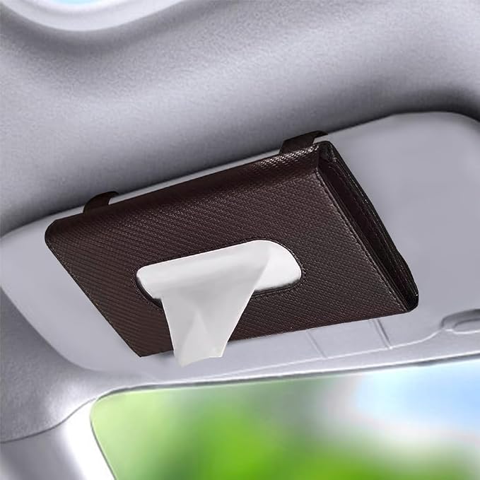 Car Tissue Holder, Car Napkin Holder, Premium PU Leather Cars Kleenex Holder with Tissue Refill, Convenient Access Tissues Sun Visor Tissue Box Universal for Most Vehicle (Brown)