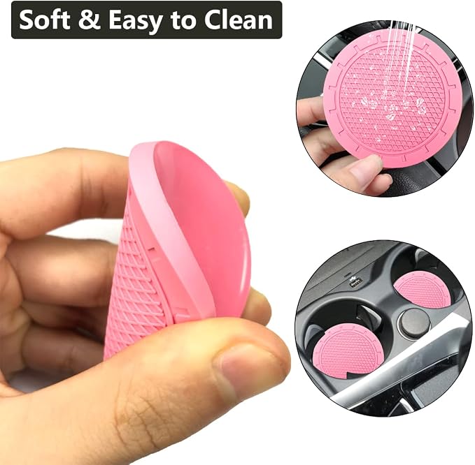 Cup Holder Coaster, 4 Pack 2.75 Inch Diameter PVC Non-Slip Universal Insert, Durable Car Accessory for Most Interiors, Suitable for Women and Men - Pink