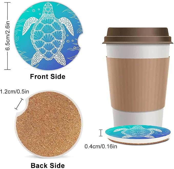 2 Pack Absorbent Car Coasters for Cup Holders,Ceramic Coasters with Cork Back and Finger Slot,Cupholder Accessories to Keep Your Car Cup Holders Clean and Dry 2.56"(Chic Underwater Sea Turtle Seaweed)