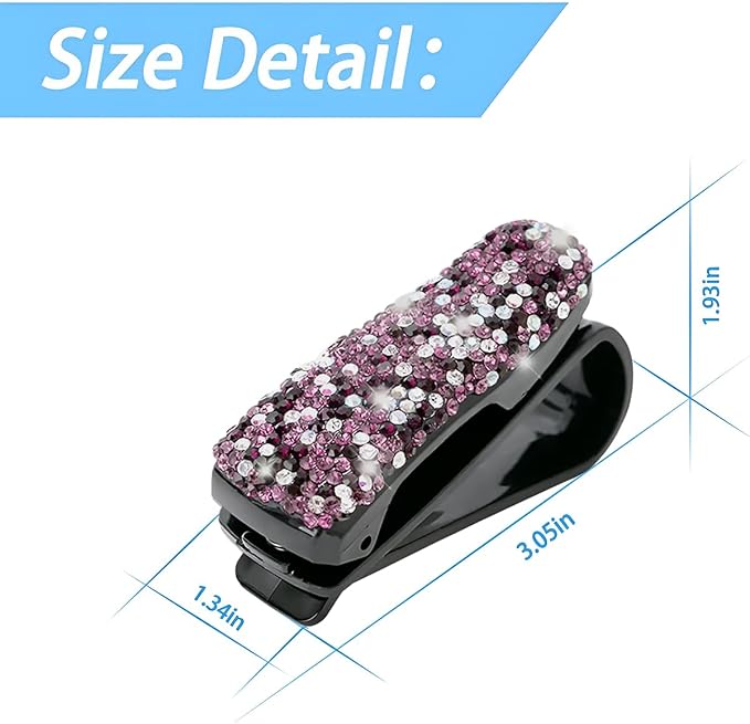 Moly Magnolia 2 PCS Glasses Holders for Car Sun Visor, Fashion Bling Crystal Rhinestones Car Eyeglasses Sunglasses Hanger Mount with Ticket Card Clip for Women Girls (Purple)