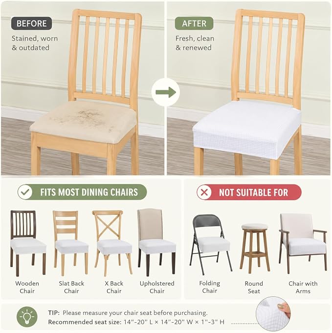 NILUOH Waterproof Seat Covers for Dining Room Chairs Set of 4, Stretch Jacquard Chair Seat Slipcovers Dining Chair Cover Removable Washable Chair Protctor Cover, Rear Covers (White)