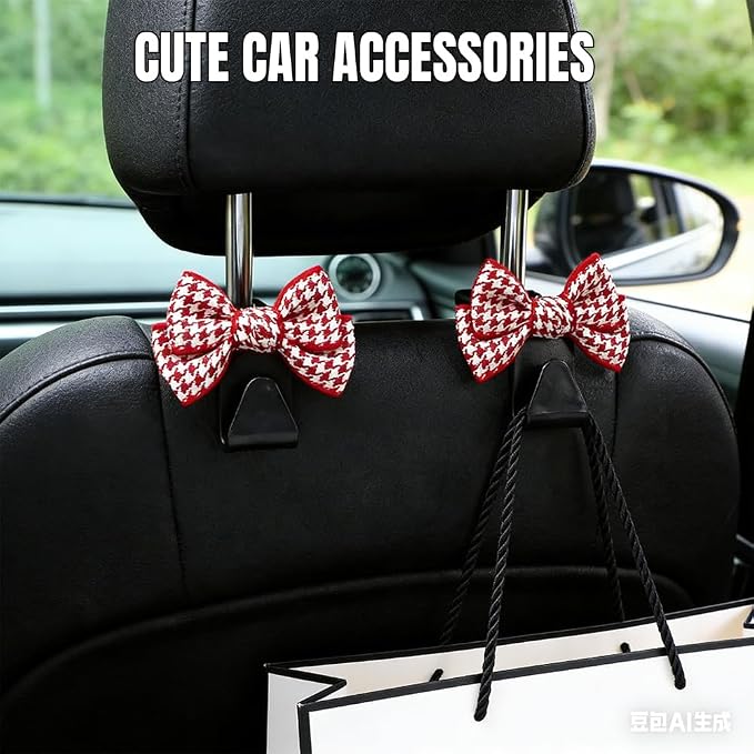 2PCS Car Seat Headrest Hooks, Car Purse Hook, Cute Bow Knot Vehicle Seatback Hanging Storage Organizer, Auto Seatback Decor Organizer Hanger for SUV Truck (Small Houndstooth/Red)