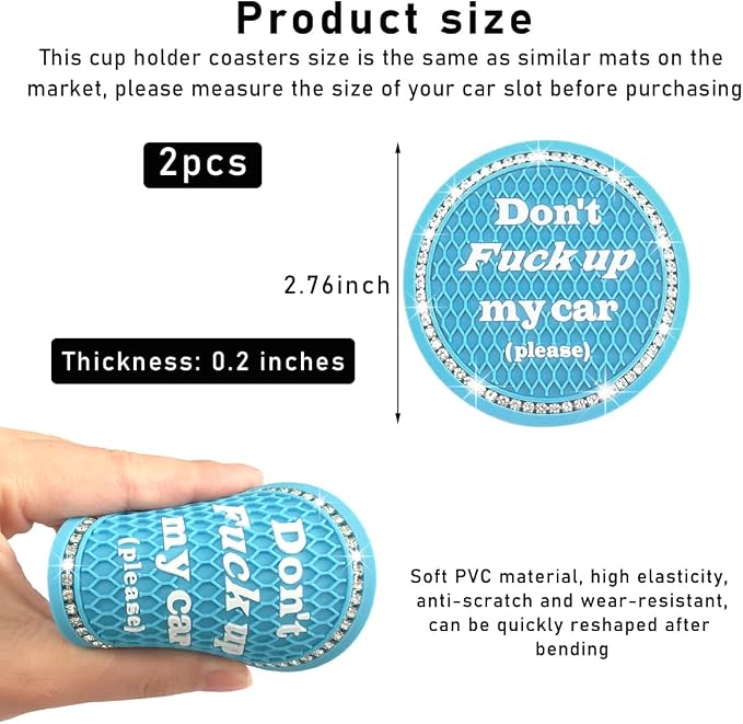 2 PCS Bling Car Cup Coaster, 2.75 Inch Anti-Slip Cup Holder Insert Coasters, Crystal Rhinestone Auto Drink Car Cup Mat for Women Girls, Universal Interior Car Accessories (Light Blue)