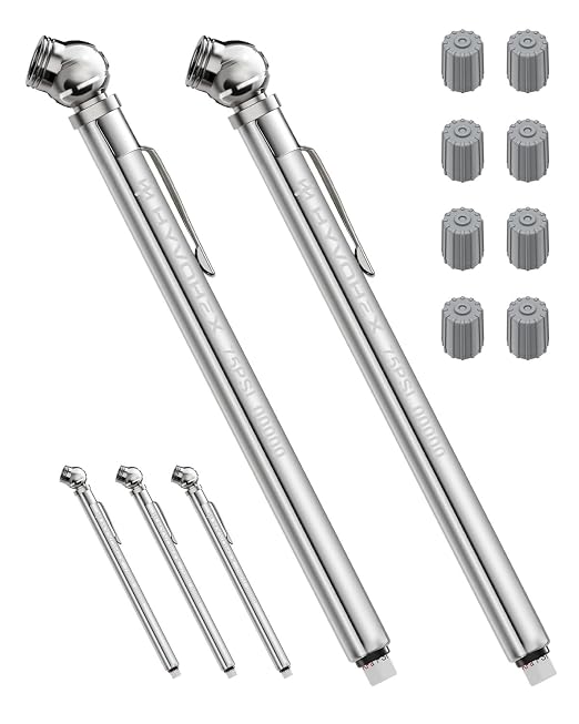 Pencil Tire Pressure Gauge 2 Pack with Valve Caps, Stainless Steel Body Tire Gauges for Tire Pressure with Deflator Valve, Metal Nozzle Tire Gauge for Cars, Pickups, RVs, Bicycles