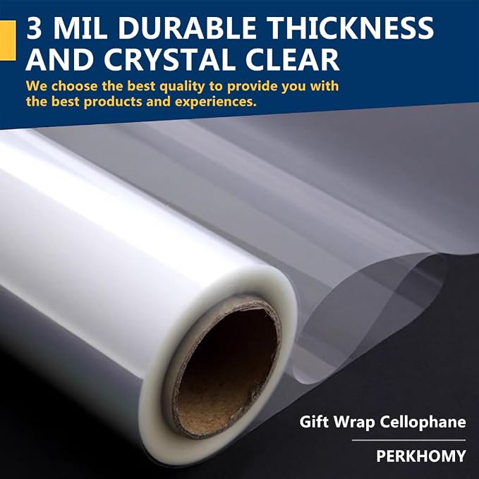 PerkHomy Clear Cellophane Wrap Roll 35" x 70' 3 Mil Thick Cellophane For Gift Basket Treats Goodie Wrapping Craft Flower Bouquet Plastic (Clear, 70ft (35in Width))