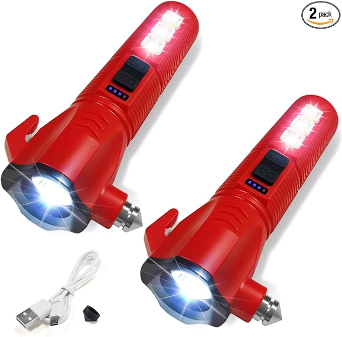 Emergency Car Flashlight - 2000 Lumen Dual Light 4-Level Battery Indicator Window Breaker & Seatbelt Cutter USB Rechargeable Ultra-Light 108g Car Emergency Tool (2pcs-Red)