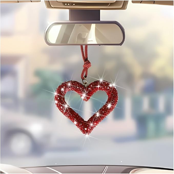 Mandark Bling Heart Car Hanging Accessories, Crystal Rhinestone Vehicle Rear View Mirror Charm Pendant Ornaments, Cute Diamond Auto Interior Hanger Decoration for Women Girls（Wine Red）