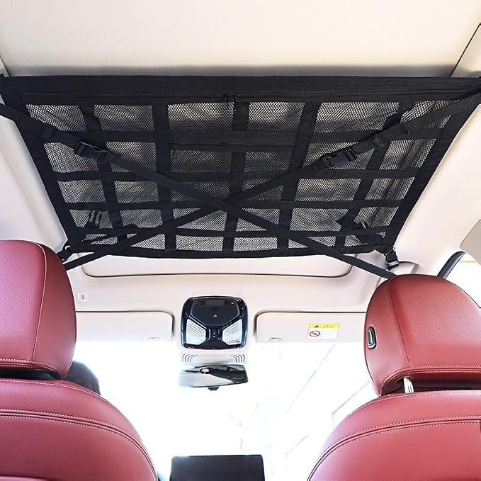 1 Pack Car Ceiling Cargo Net Fit for Subaru Forester 2019-2023, 2024, 2025, 2026 Roof Storage Organizer Heavy Duty Overhead Mesh Bag Polyester Double-Layer Zipper Design,Beige
