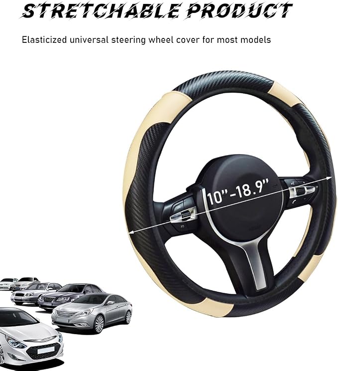 povtii Car Steering Wheel Cover, 15 Inch Leather Breathable Auto Steering Wheel Protector, Comfortable Non-Slip Vehicle Steering Wheel Covers, Universal Car Accessories (Beige, with Lining)