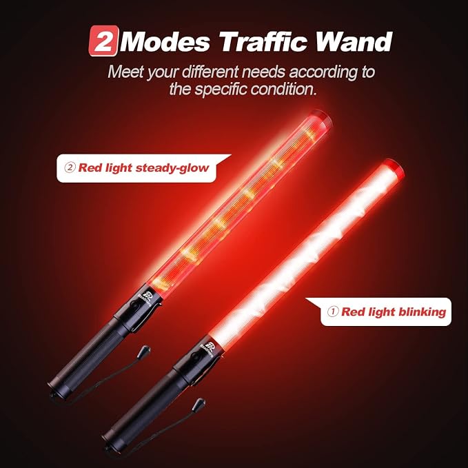 RoadHero 8 Pack 21 Inch Traffic Wand, Red | 2 Flashing Modes, Side Clip, Water-resistant IPX-4 rated, Airport Marshaling Signal, Parking Lot, Car Directing