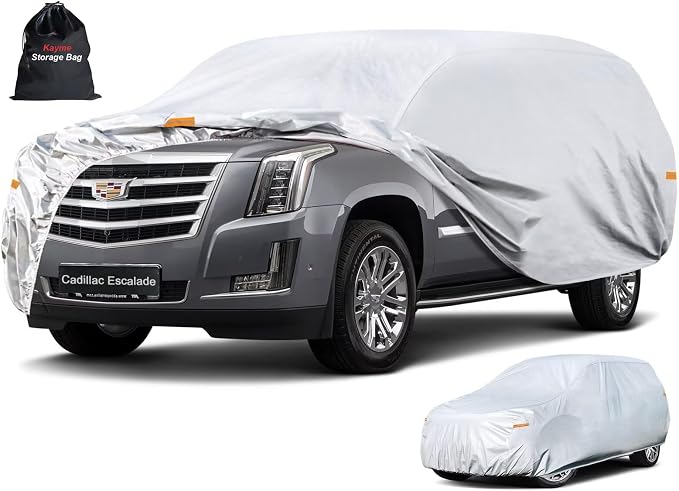 Kayme 6 Layers SUV Car Cover Custom Fit for Cadillac Escalade (2007-2014), Waterproof All Weather for Automobiles,Rain Sun UV Protection.Silver