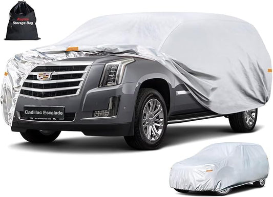 Kayme 6 Layers SUV Car Cover Custom Fit for Cadillac Escalade (2007-2014), Waterproof All Weather for Automobiles,Rain Sun UV Protection.Silver