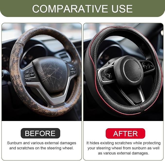 Car Steering Wheel Cover, Durable Leather Cover with Anti-Slip Lining, Breathable Microfiber Leather Auto Wheels Protector, Comfortable Non-Slip Steering Wheel Covers for Most Vehicles (Red)