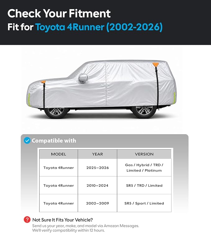 Wigoo Toyota 4Runner Car Cover Accessories 2002-2026, Custom Fit Waterproof All Weather Outdoor Indoor Full SUV Cover, Windproof Sun UV Rain Snow Dust Protection, Door Zipper, Reflective Strips