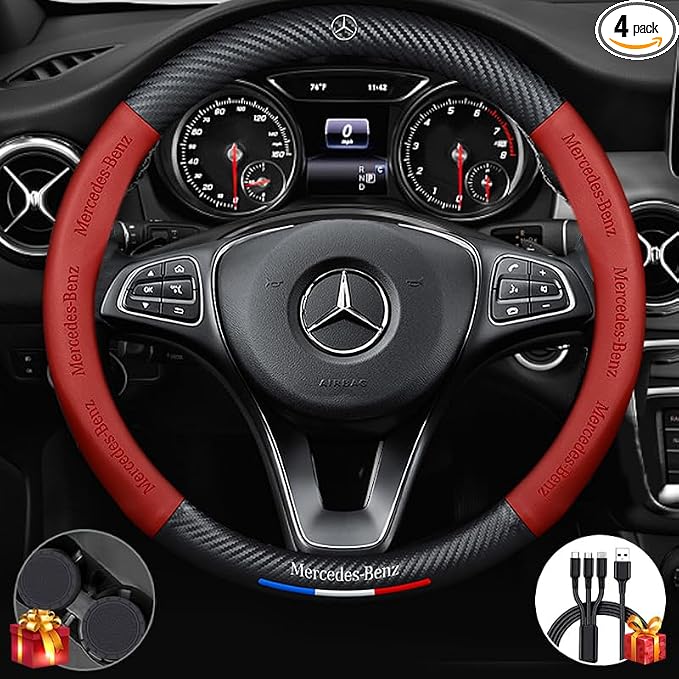 Steering Wheel Cover Compatible with Mercedes-Benz, Nappa Leather&Carbon Fiber Texture Steering Wheel Cover, 14.5-15 Inch Diameter with 2 Coasters and USB Fast Charging Cable (Red)