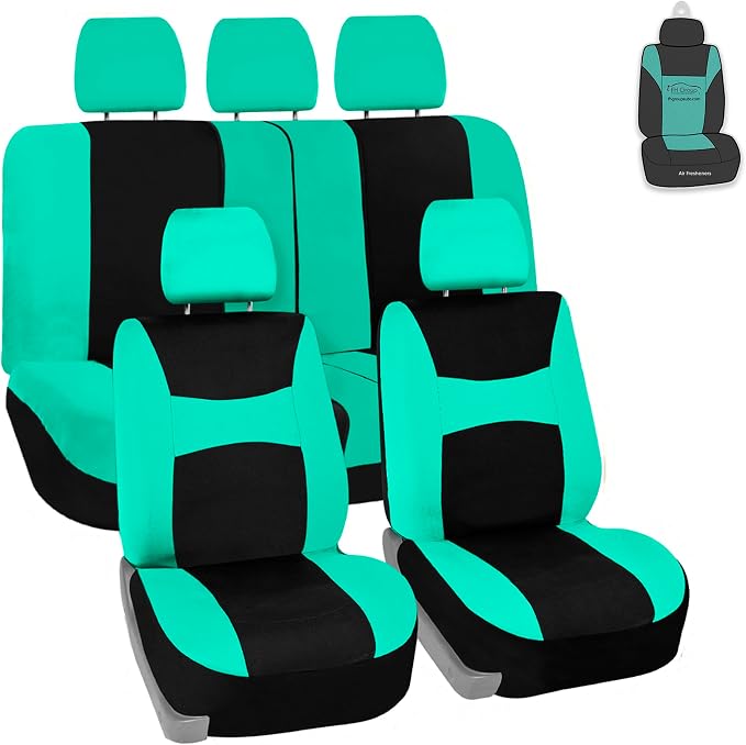 FH Group Universal Automotive Seat Covers Full Set | Light & Breezy Flat Cloth Washable Car Seat Cover for SUV, Sedan, Truck | Airbag Compatible Interior Upgrade - Mint/Black