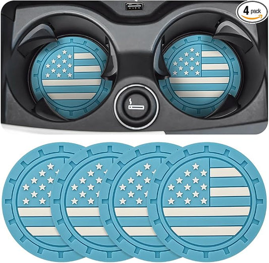 Osilly Car Cup Holder Coasters, 4 Pack American Flag Insert Car Cup Coaster, 2.75 Inch PVC Anti Slip Shockproof Embedded Drink Mat, Car Interior Decoration Accessories for SUV, Truck(Light Blue)