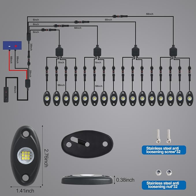 24pods White Rock Lights kit Dc 12v-80v 6000k Aluminum Pure White Led Rock Lights with Switch Wiring Harness Kit Ip68 Waterproof for Trucks Pickup Offroad Car SUV Utv ATV Rv Fends Underglow Lights