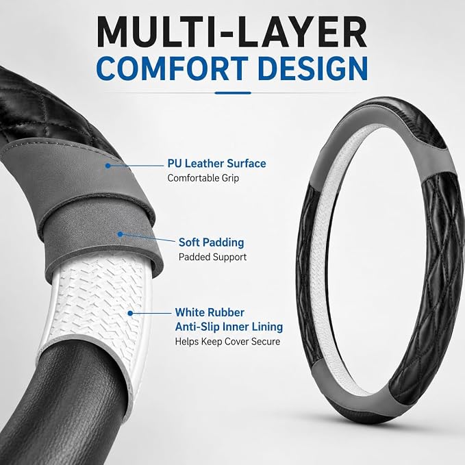 14.5-15 Inch Leather Steering Wheel Cover with Soft Padded Lining, Anti-Slip Comfort Grip, Universal Steering Wheel Protector for Most Cars, SUVs, Trucks (Grey)