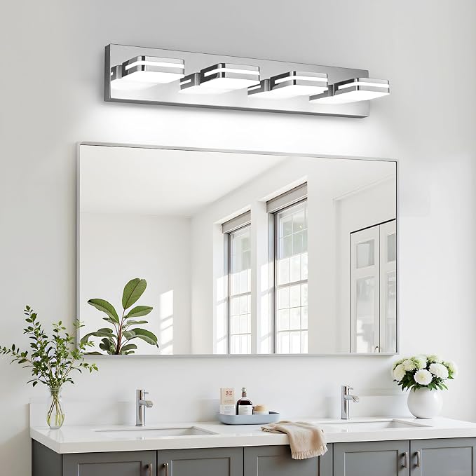 Torondo 360° Rotate LED Bathroom Vanity Light Fixtures, Acrylic Vanity Lights for Bathroom, Modern Wall Lighting Fixtures Over Mirror Living, Chrome, Natural White, 4-Light, 27-Inch