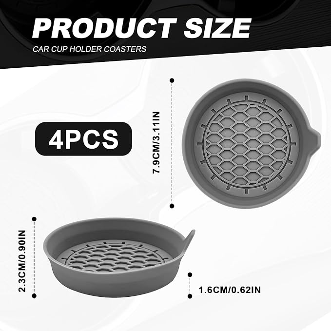 4-Pack Universal Cup Holder Coasters, Black Silicone Inserts - Keep Your Car Clean with Non-Slip & Spill-Proof Coasters for All Vehicles (Gray)