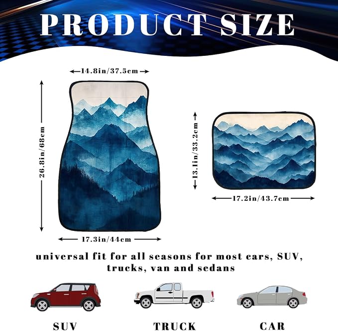 Abstract Car Floor Mats Set of 4 Blue White Mountain Block Art Carpet Front Rear Carpets Mat Non-Slip Auto Car Accessories Universal Fit Car Accessories for Truck