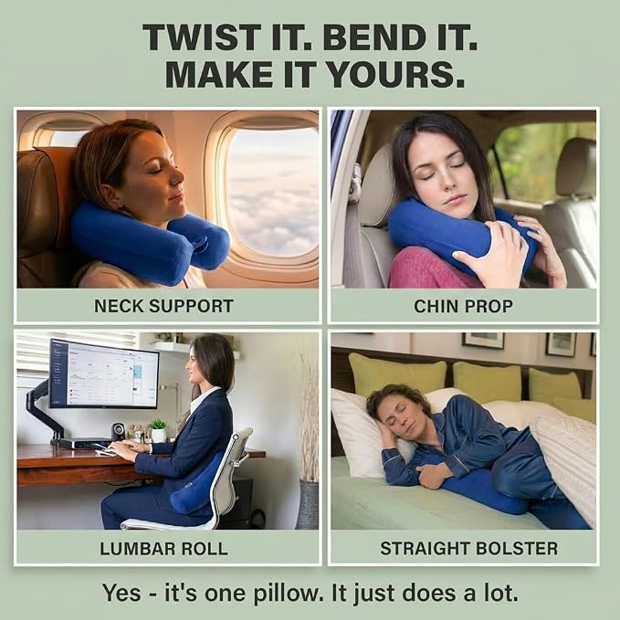 Dot&Dot Twist Memory Foam Travel Pillow, Bendable Neck Pillow for Airplane, Car and Home, 26-Inch Adjustable Roll with Washable Cotton Cover, Sapphire