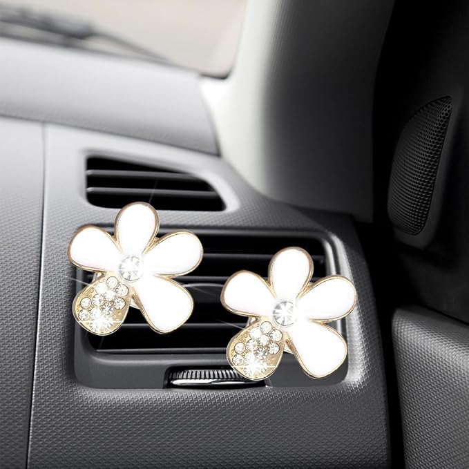 Mandark 6PCS Bling Daisy Flower Car Air Vent Clip, Crystal Rhinestone Vehicle Air Vent Outlet Clip, Cute Auto Air Conditioning Clip Charm Interior Decor Accessories for Women Girls（White）