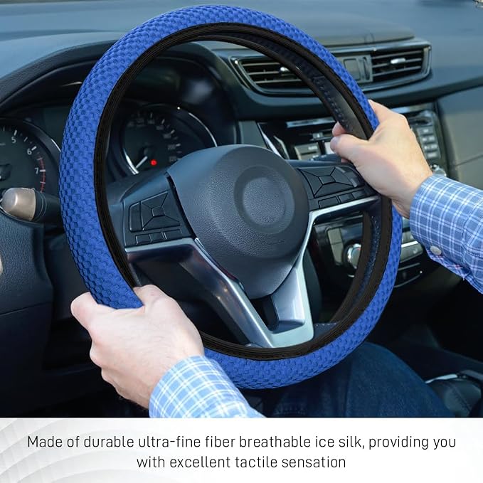Elastic Stretch Steering Wheel Cover, Steering Wheel Protector, 15 Inch Anti-Slip Breathable Microfiber Ice Silk Protection, Easy Carry, Warm in Winter & Cool in Summer for Cars (Blue)