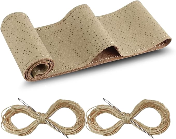 Car Genuine Leather Steering Wheel Cover, DIY Sewing with Needle and Thread, Breathable, and Anti-Slip, Universal 15 Inch Car Steering Wheel Stitching Wrap (Beige, Hole)