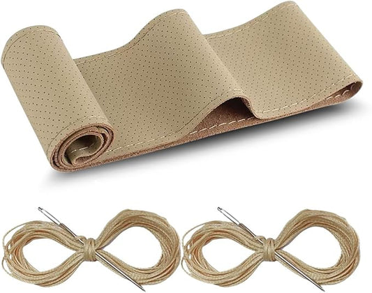 Car Genuine Leather Steering Wheel Cover, DIY Sewing with Needle and Thread, Breathable, and Anti-Slip, Universal 15 Inch Car Steering Wheel Stitching Wrap (Beige, Hole)