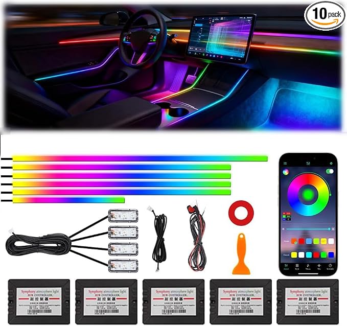 Acrylic Interior Car Ambient Lighting, Interior RGB LED Strip Kit with Music Sync Mode, 55 Inch Length Suitable for Pickup, Trucks, SUV and Large Vehicles (10 in 1)