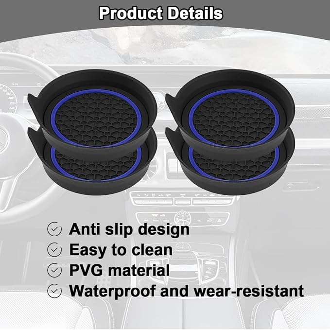 HZEL Car Cup Holder Coasters, 4PCS Non Slip Waterproof Vehicle Water Bottle Pads, Recessed Automotive Interior Drink Mat Decoration Accessories, Universal for SUV Sedan Truck (Blue/Black)