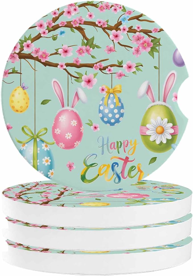 Small Car Coasters for Cup Holders 2.6" Dia Absorbent Set of 4 Interior Accessories for Women Men Easter Eggs Spring Bunny Ears Green Ceramic Coaster for Drinks With Finger Grooves