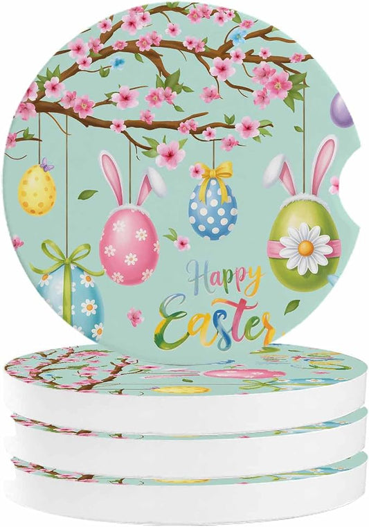 Small Car Coasters for Cup Holders 2.6" Dia Absorbent Set of 4 Interior Accessories for Women Men Easter Eggs Spring Bunny Ears Green Ceramic Coaster for Drinks With Finger Grooves