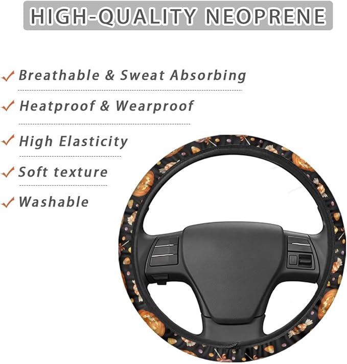 Wanyint Car Steering Wheel Cover Universal 15 Inch Anti-Slip Neoprene Auto Steering Wheel Protector Halloween Car Accessories Decor for Women Men, Pumpkin Candy