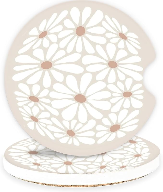 Ceramic Car Coasters – Absorbent Car Cup Holder Coaster Set for Women, Cute Aesthetic Car Accessories for Girls, 2 Pack (Almond Milk)