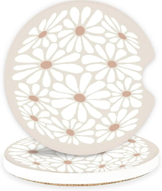 Ceramic Car Coasters – Absorbent Car Cup Holder Coaster Set for Women, Cute Aesthetic Car Accessories for Girls, 2 Pack (Almond Milk)