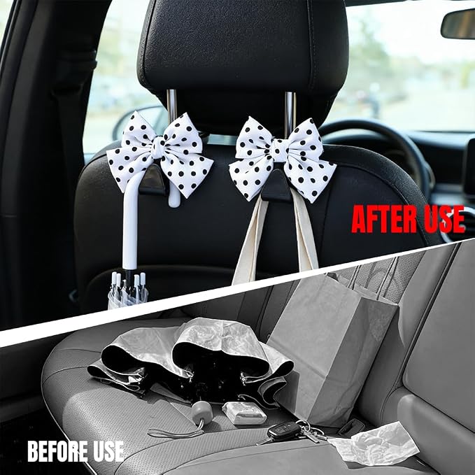 2PCS Car Seat Headrest Hooks, Car Purse Hook, Cute Bow Knot Vehicle Seatback Hanging Storage Organizer, Auto Seatback Decor Organizer Hanger for SUV Truck (White/Polka Dot)