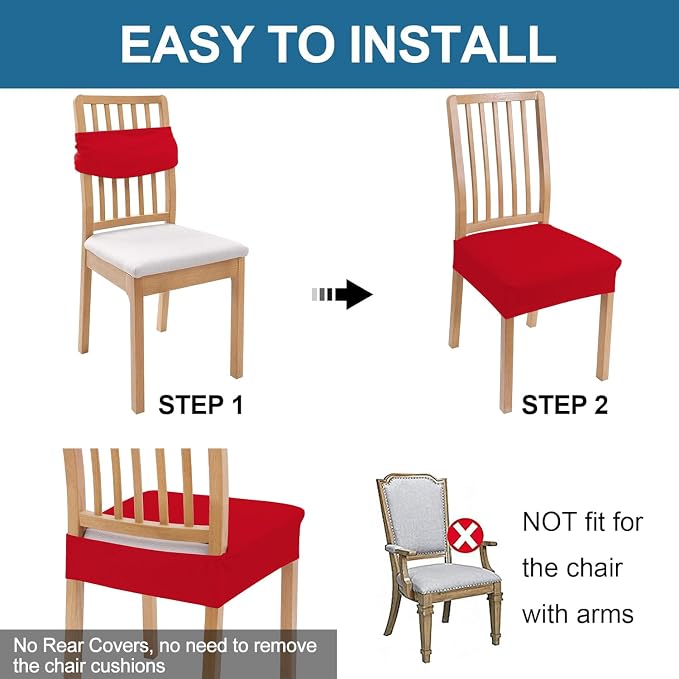 Smiry Waterproof Seat Covers for Dining Room Chairs Set of 2, Stretch Jacquard Removable Washable Chair Seat Slipcovers Protector, No Rear Covers, Red