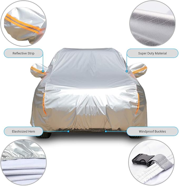 Tecoom Super Heavy Duty Multiple Layers SUV Car Cover All Weather Waterproof Windproof Reflective Snow Sun Rain UV Protective Outdoor with Buckles and Belt Fit 170-190 inches SUV