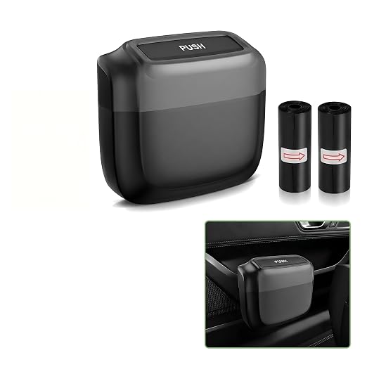 Car Trash Can with Lid, Mini Portable Hanging Clutter Canister with Trash Bags, Waterproof Leakproof Push-Button Storage Bucket, Universal Interior Accessories for Cars Trucks SUVs (Black)