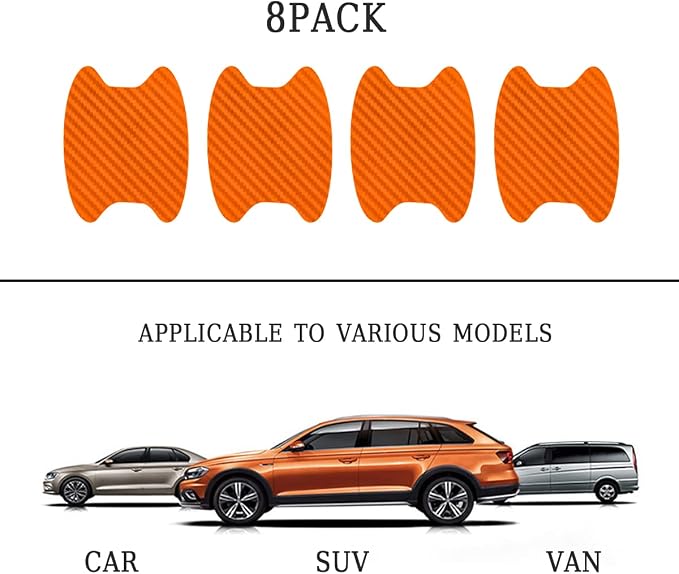 8PCS Car Door Handle Sticker, Carbon Fiber Anti-Scratches Car Door Cup Protector, Non-Marking Auto Door Handle Protective Film, Self-Adhesive Door Side Paint Protector for All Cars (Orange/8PCS)
