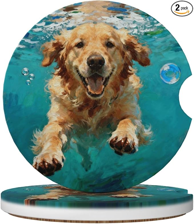 Golden Retriever Underwater 2 Pack Car Cup Holder Coasters Absorbent Ceramic Drink Coasters 2.56" Anti Slip Cup Mat with Cork Base and Finger Notch Auto Accessories Interior for Women Men