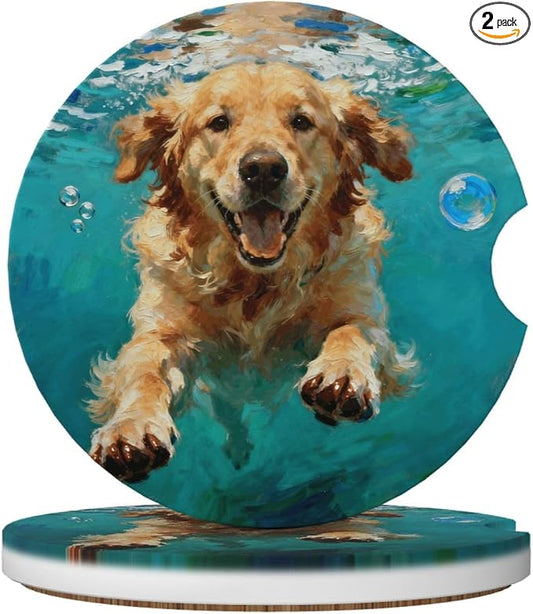Golden Retriever Underwater 2 Pack Car Cup Holder Coasters Absorbent Ceramic Drink Coasters 2.56" Anti Slip Cup Mat with Cork Base and Finger Notch Auto Accessories Interior for Women Men