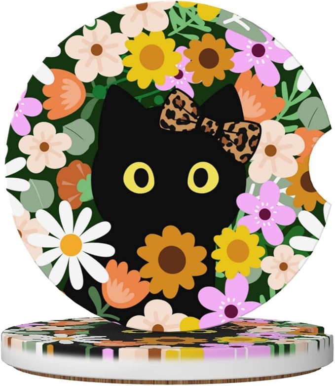 Flower Cute Black Cat Car Coasters for Cup Holders,2 Pack Car Cup Holder Coasters for Car,Ceramic Absorbent Car Coaster with A Finger Notch and Cork Base,Car Interior Accessories for Women Men