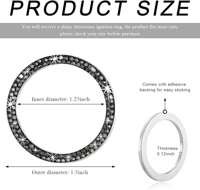 Car Bling Crystal Rhinestone Engine Start Ring Decals, Sparkling Diamond Car Push Start Button Ignition Ring Sticker, Auto Key Ignition Knob Ring Decoration for Women Girls (Bright Black)