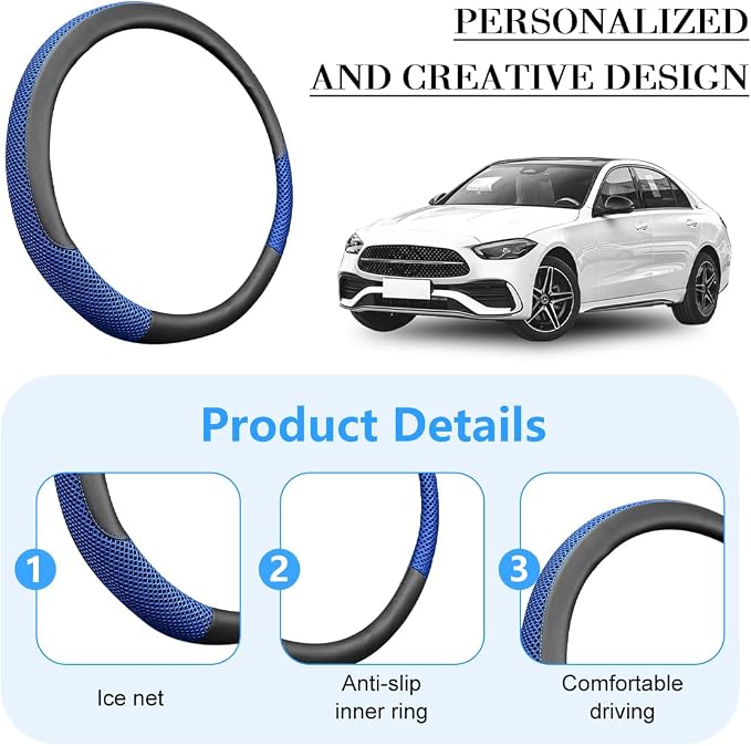 Car Steering Wheel Cover, 14.5-15" Microfiber Leather Ice Silk Breathable Non-Slip Steering Wheel Protector, Cool Auto Interior Decor Accessories, Universal for Truck SUV Van (Blue)