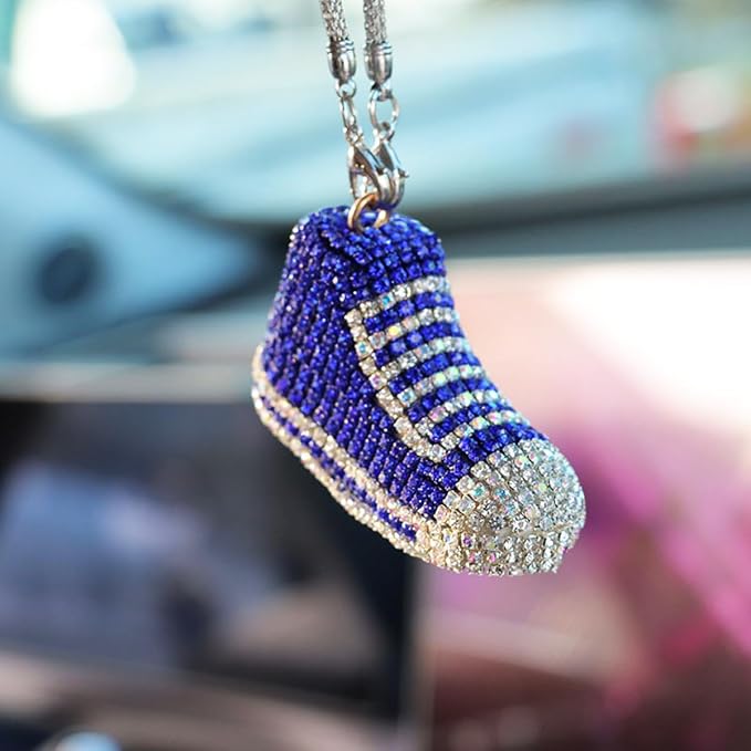 Bling Sneaker Shoe Sparkly Car Hanging Ornament, Cute Crystal Rear View Mirror Pendant, Diamond Rearview Mirror Charms, Lucky Car Interior Decor Accessories (Blue)