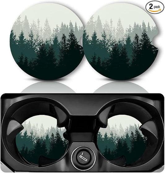 Yonlevres Car Coasters for Cup Holders，2.75" Anti Slip Rubber Mat with A Finger Notch, 2 Pack Car Cup Holder Coasters for Car Interior Accessories for Women Men Forest